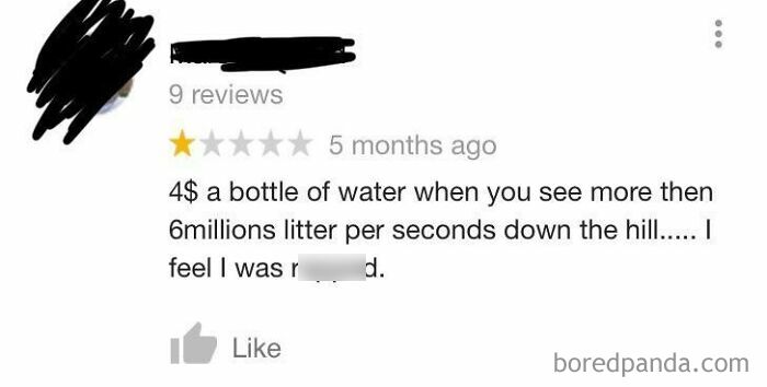 Screenshot of a funny 1-star review complaining about overpriced water despite abundant natural flow downhill.