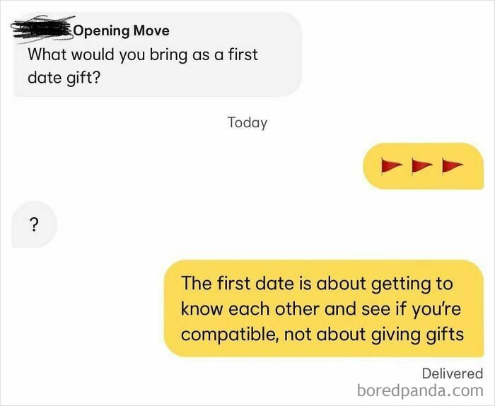 Text message exchange showing a conversation called out online for delusional and crazy behavior about first date gifts.