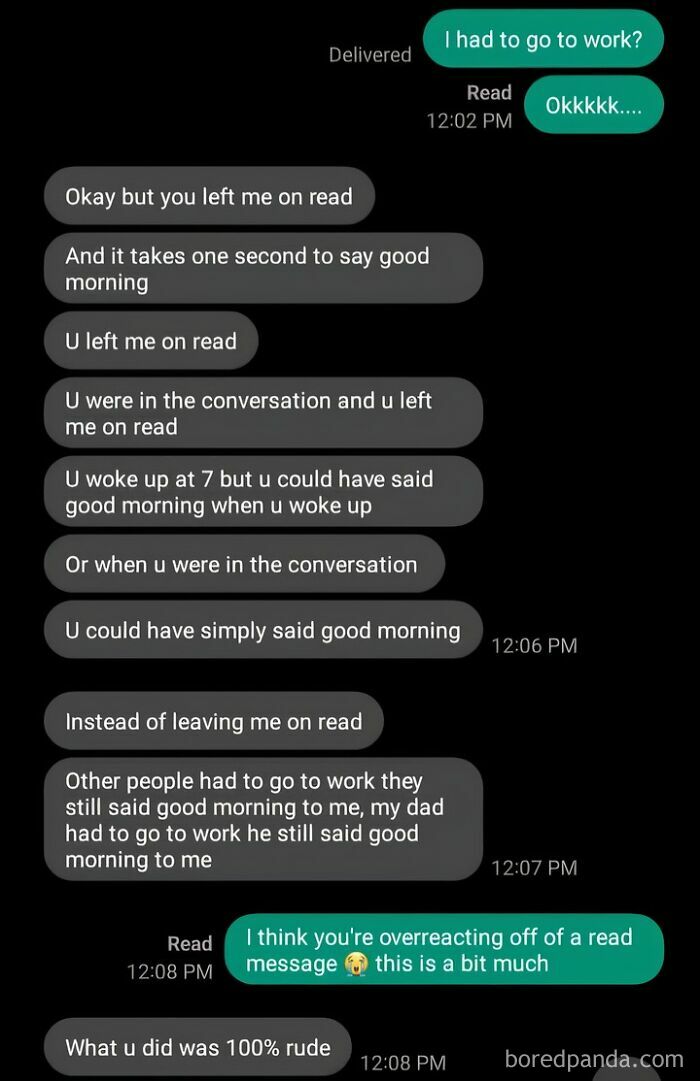 Text message conversation showing a woman called out online for her delusional and crazy behavior about being left on read.
