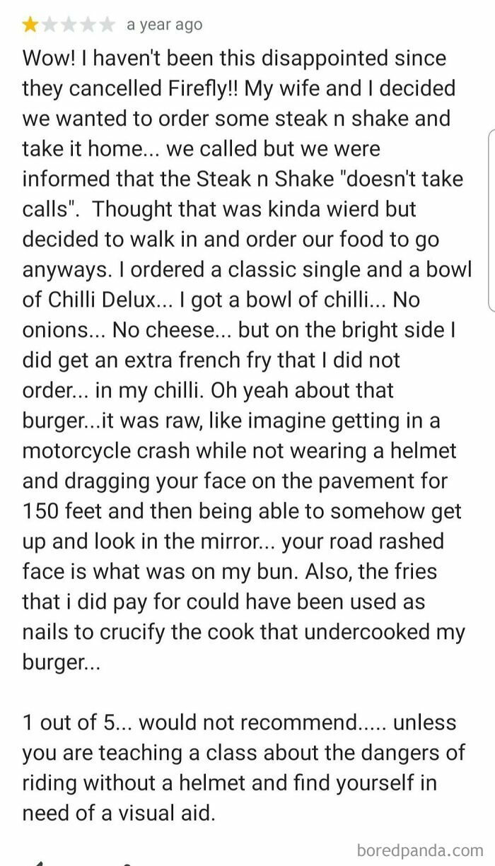 Funny and ridiculous 1-star review describing a raw burger and unusual food order experience at Steak n Shake.