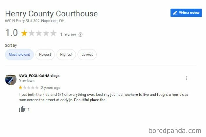 Google review of Henry County Courthouse showing a 1-star funny and ridiculous 1-star review left by a user.