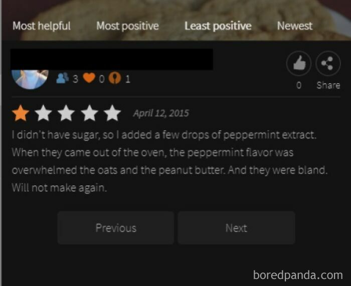 One-star review with funny and ridiculous business feedback about peppermint flavor overwhelming oats and peanut butter.