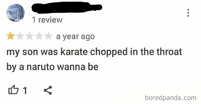 Funny and ridiculous 1-star review humor about a karate chop by a Naruto wannabe in a user’s comment.