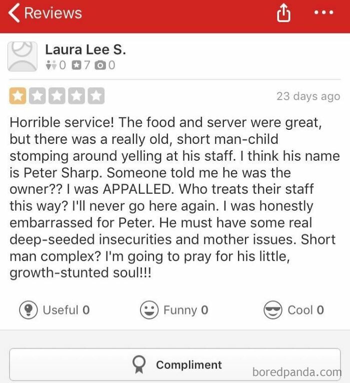 Screenshot of a funny and ridiculous 1-star review criticizing service with humorous insults about the owner.