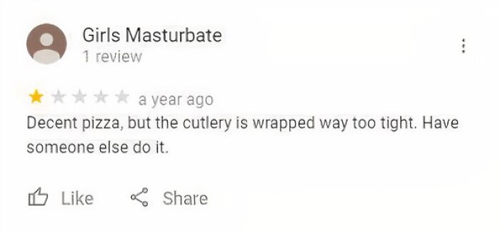Funny and ridiculous 1-star review about pizza with cutlery wrapped too tight, showcasing humorous customer feedback.
