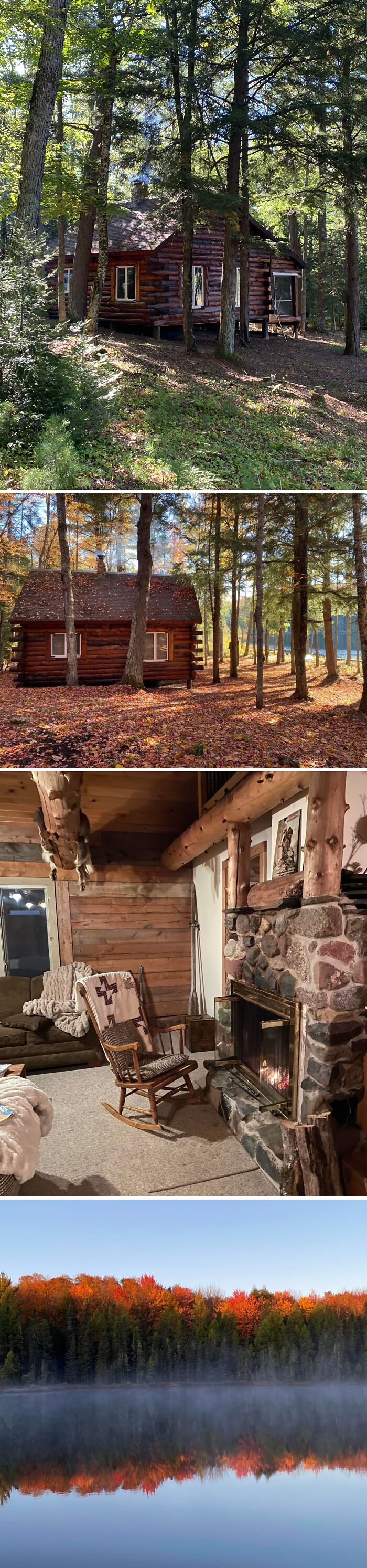 Cozy off-grid cabins nestled in forest with rustic interiors and serene lake views perfect for disconnecting and relaxing in nature.