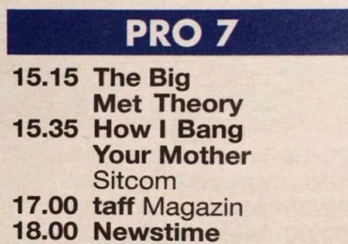 TV schedule with a humorous typo showing "The Big Met Theory" and "How I Bang Your Mother" as sitcom titles.