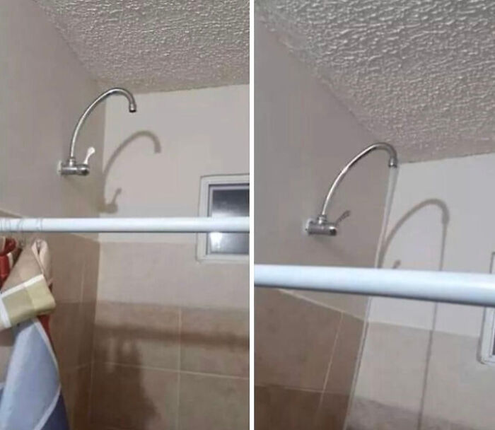 Shower faucet installed above shower curtain rod, illustrating a funny example of people not even trying in their job.
