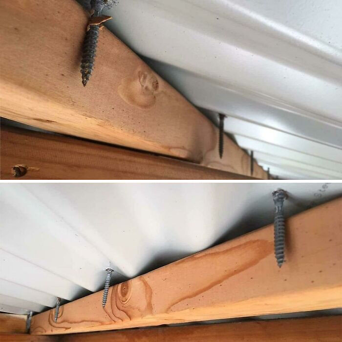 Screws improperly installed in wood and metal, illustrating funny examples of people not even trying at their job.