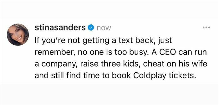 Screenshot of a savage woman roasting a man online with a witty text about priorities and excuses.