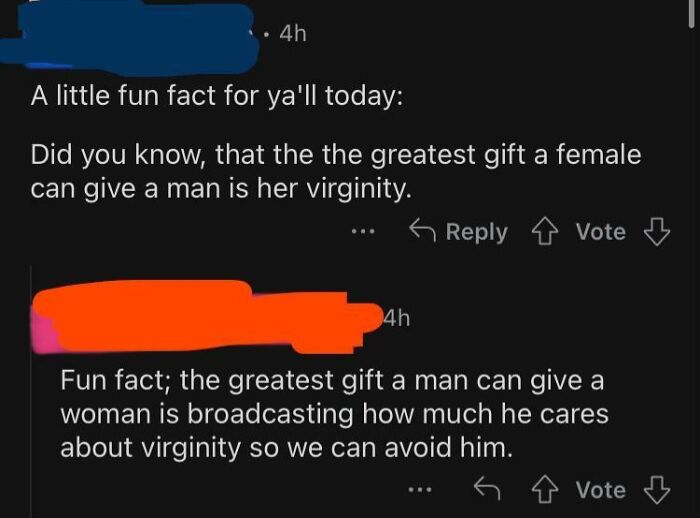 Screenshot of a savage online roast between two users discussing virginity in a savage women roasting men context.