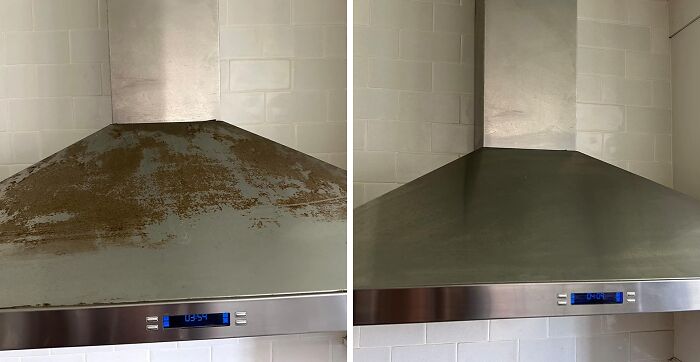 Before and after cleaning stainless steel range hood, demonstrating a product that helps trick your landlord for full security deposit return.