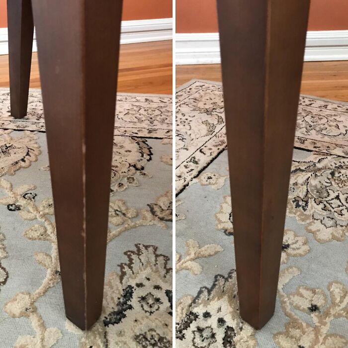 Before and after image showing furniture scratch repair product to help get full security deposit back from landlord