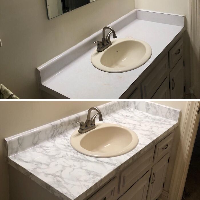 Before and after image of a countertop upgrade using products to help get your full security deposit back in rentals.