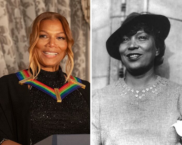 Queen Latifah smiling wearing a black outfit, next to a vintage photo of a woman in a hat, celebrity lookalikes comparison.