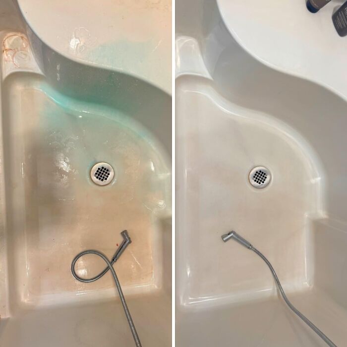 Before and after cleaning of a bathtub sink showing effective products for getting security deposit back from landlord