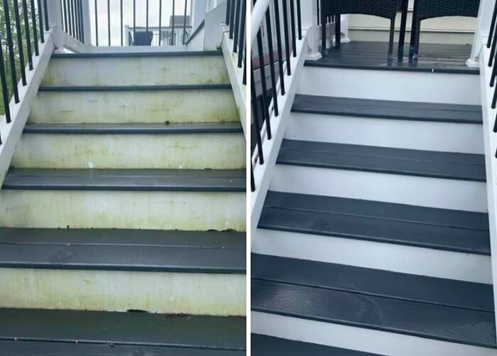Before and after cleaning stairs showing product results to help trick landlord for full security deposit return.