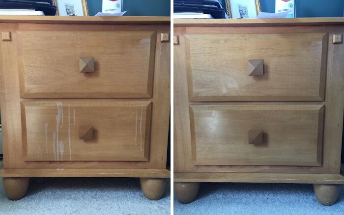 Before and after comparison of a wooden dresser cleaned with products to help get your full security deposit back.