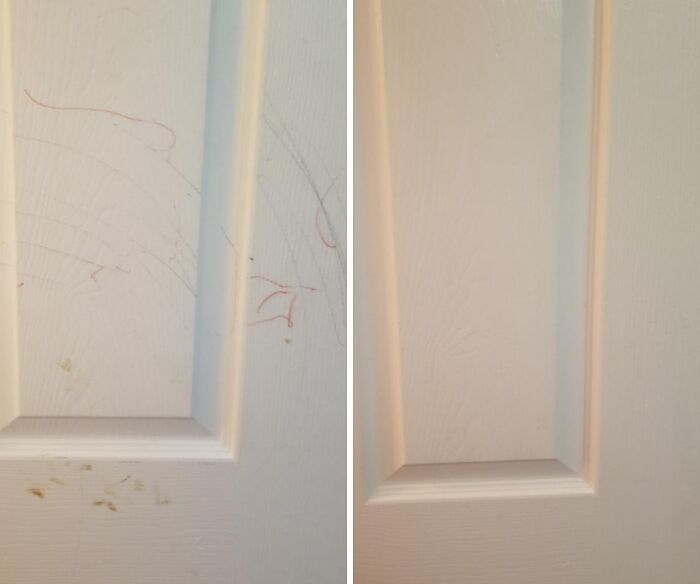 Before and after cleaning a white door panel, showcasing products that help ensure full security deposit return.