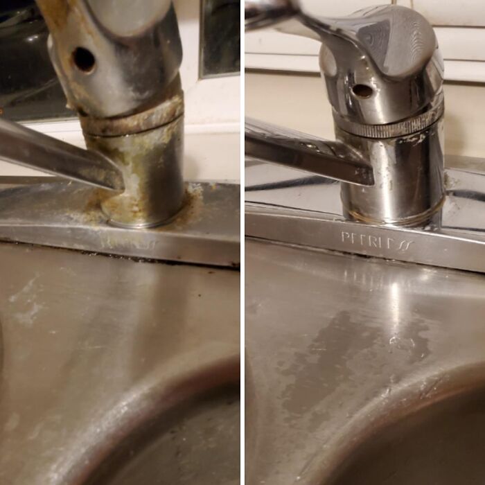 Before and after cleaning of a kitchen faucet and sink showing products that help get full security deposit back from landlord.