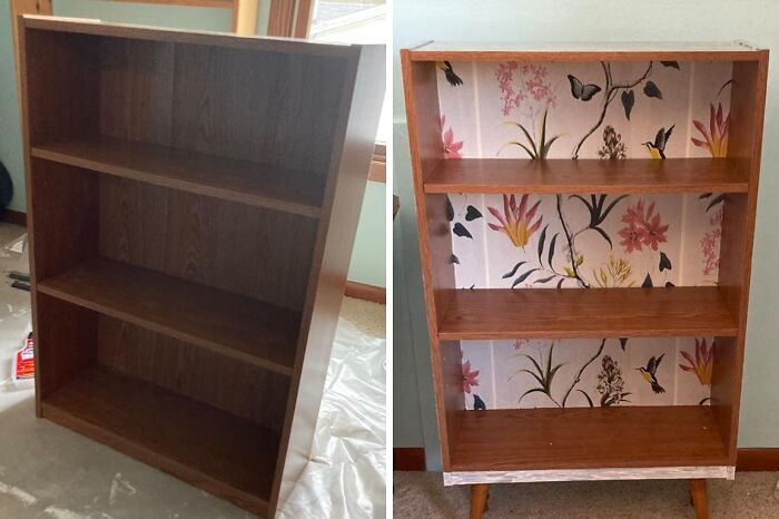 Wooden bookshelf before and after makeover with floral wallpaper lining, a product to help get full security deposit back.