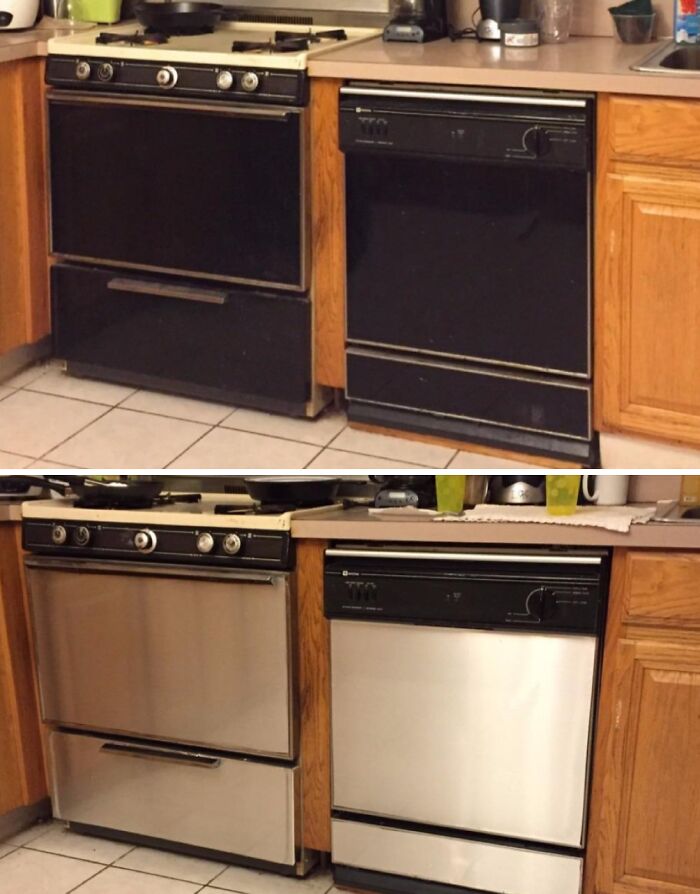 Before and after kitchen appliance makeover showing products that help get full security deposit back from landlord.