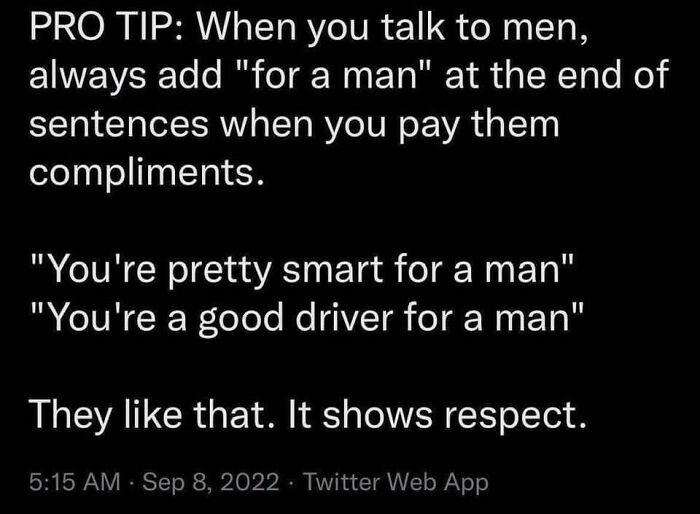 Text-based meme with tips on roasting men online by adding "for a man" to compliments, showcasing savage women humor.