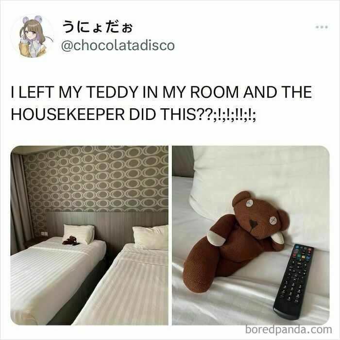 Teddy bear posed lounging on bed next to remote in a relatable scene of students and young adults' lives.