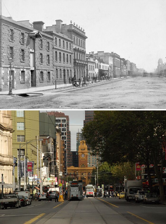 Then vs now photos showing the glow-up transformation of a famous city street with historic and modern buildings.