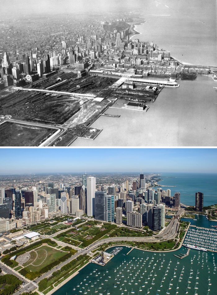 Then vs now photos showing the remarkable glow-up of a famous city skyline and waterfront development.