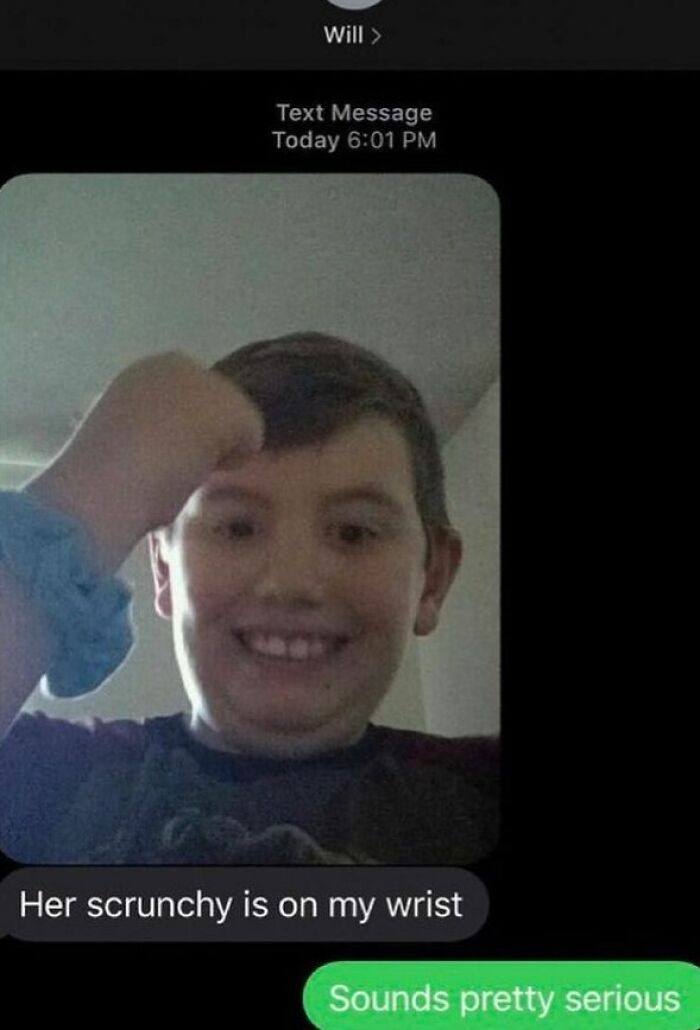 Young boy excitedly shares about his new girlfriend with a funny text about her scrunchy on his wrist, relatable for students and young adults.