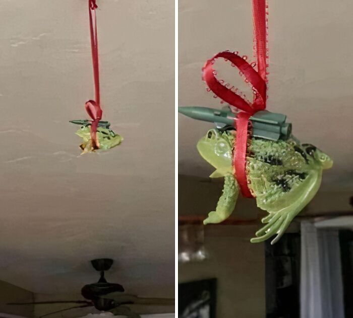 Humorous meme showing a missile toad decoration hanging from the ceiling, relatable to students and young adults.