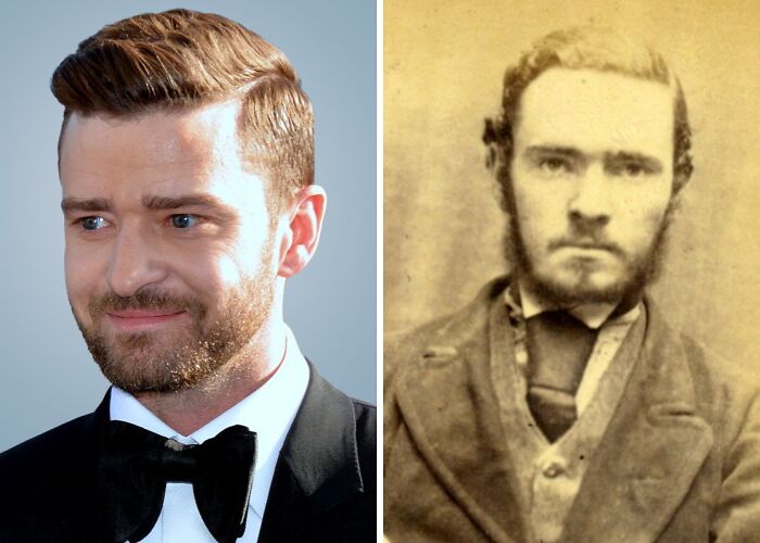 Side-by-side images of a modern celebrity in a tuxedo and a sepia-toned photo of a 19th-century man showing celebrity lookalikes from the past.