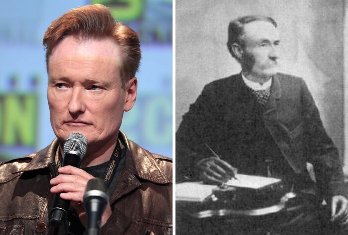Conan O'Brien speaking at a microphone beside a black and white photo of a man from the past, showing celebrity lookalikes.