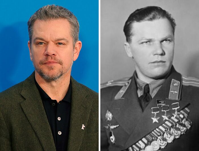 Side-by-side comparison of a modern celebrity and a historical figure highlighting famous celebrity lookalikes.