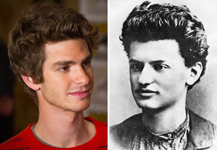 Side-by-side photos of a modern celebrity and a historical lookalike, highlighting celebrity lookalikes from the past.