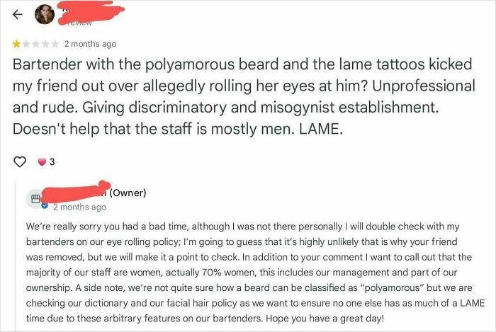 Online review calling out woman’s delusional and crazy behavior with staff in a discriminatory bar incident.