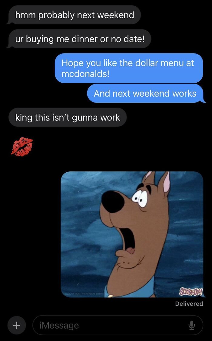 Text message exchange showing women called out online for delusional behavior with a shocked Scooby-Doo GIF included.