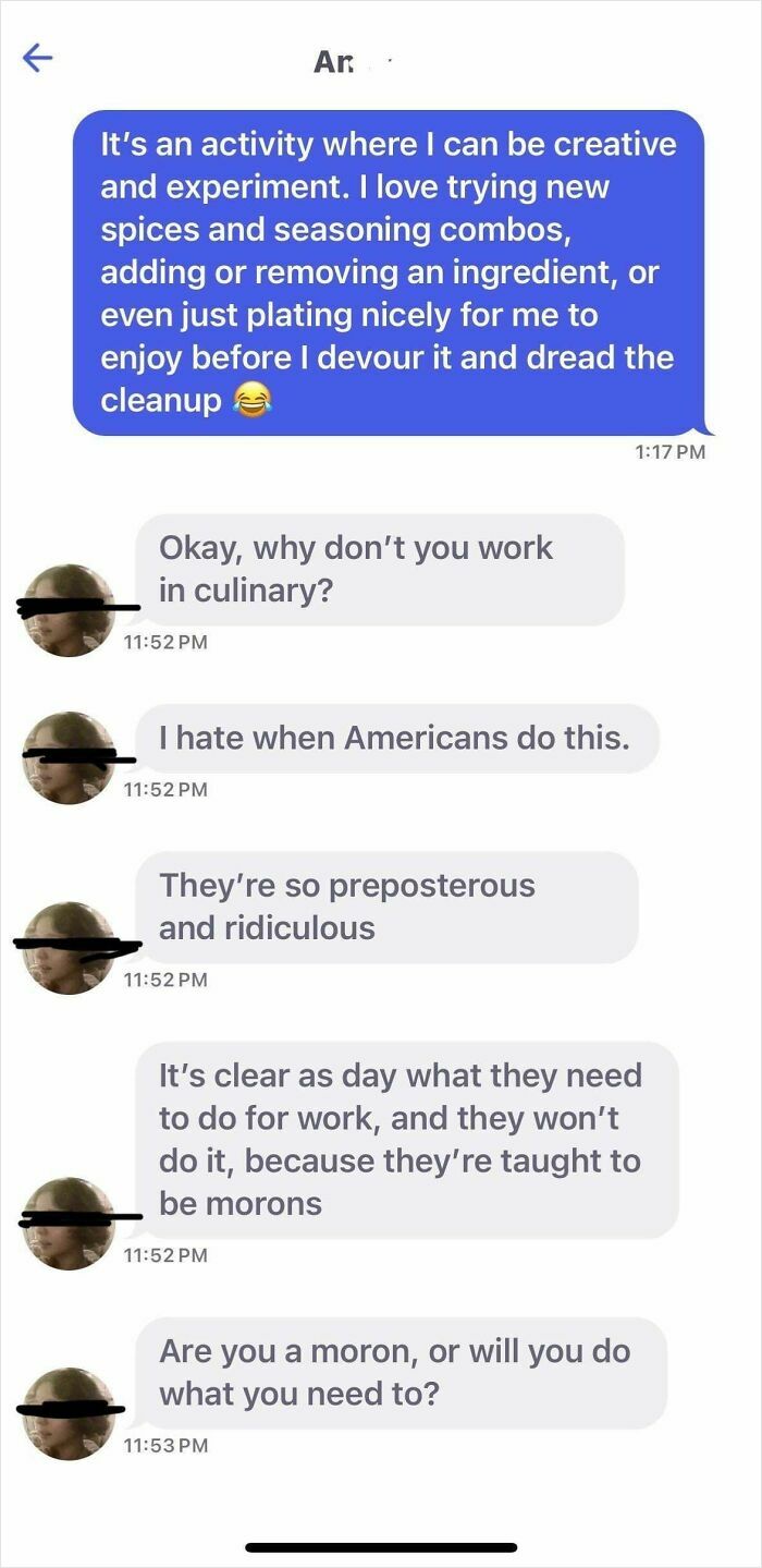 Screenshot of a text conversation highlighting delusional and crazy behavior from a woman called out online.