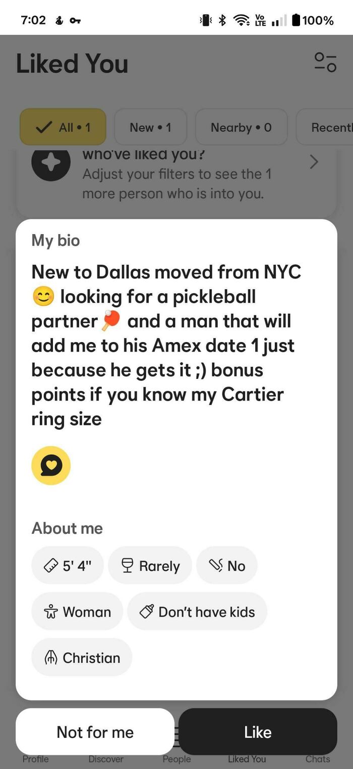 Dating profile bio screenshot of a woman called out online for delusional and crazy behavior on social media.