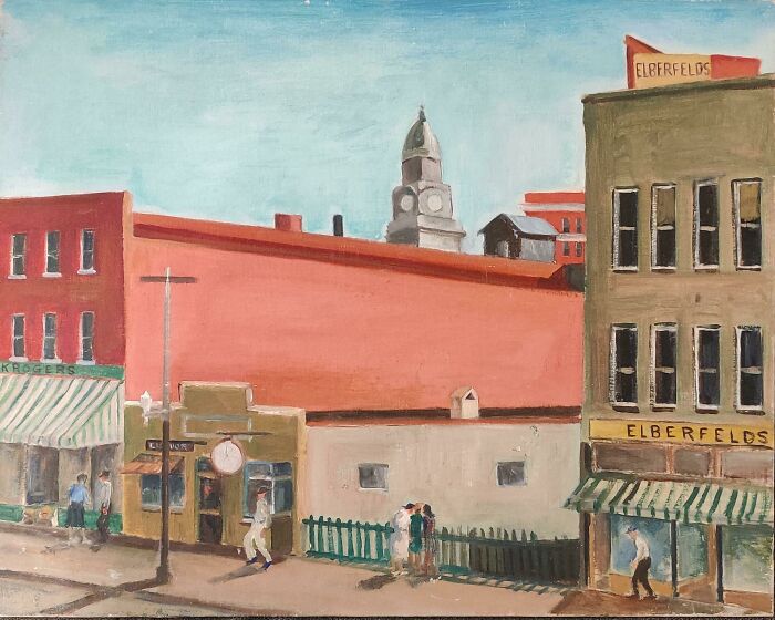Painting of a small-town street scene with people walking near storefronts, illustrating a where was this taken post.