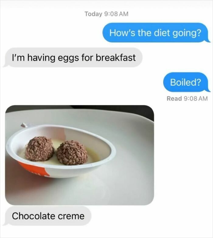 Text message conversation about diet with a photo of chocolate creme, featured in funny memes that lighten life.