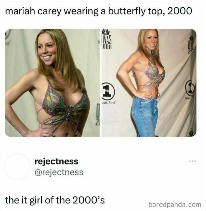 Mariah Carey wearing a butterfly top in 2000, showcasing iconic fashion and diva life style from the 2000s.