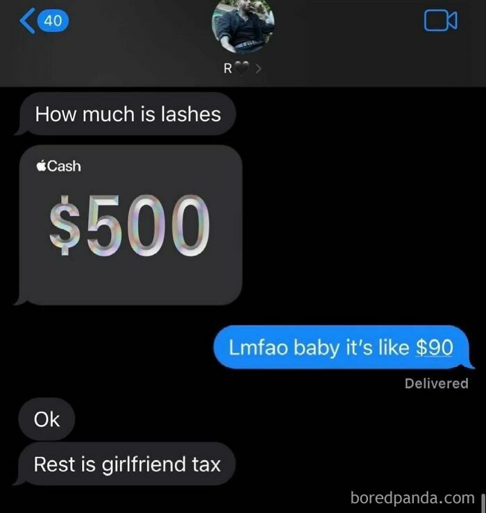 Text conversation about lash pricing, highlighting makeup and diva life humor with a $500 cash request and girlfriend tax joke.