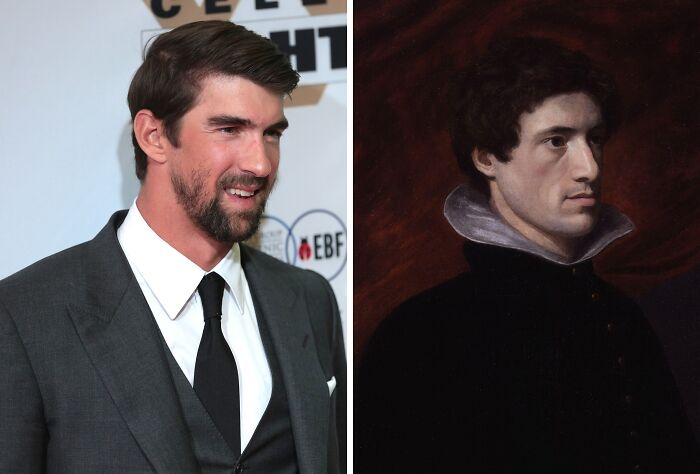 Side-by-side image of a modern celebrity and historical portrait showcasing celebrity lookalikes from the past.