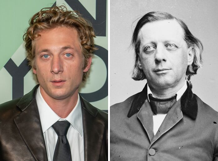 Side-by-side images of a modern celebrity and a historical lookalike showcasing celebrity lookalikes from the past.