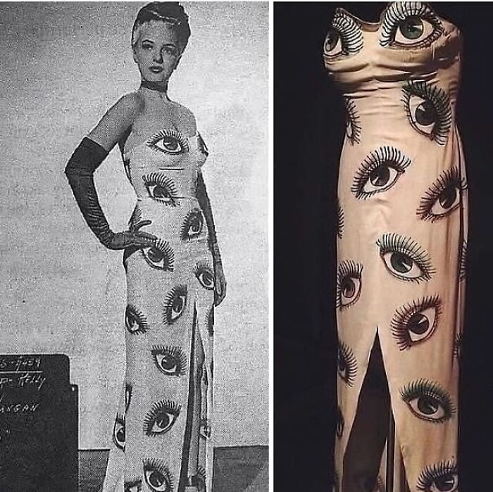 Vintage fashion dress featuring eye patterns, showcasing very old objects that survived to tell stories about our ancestors.