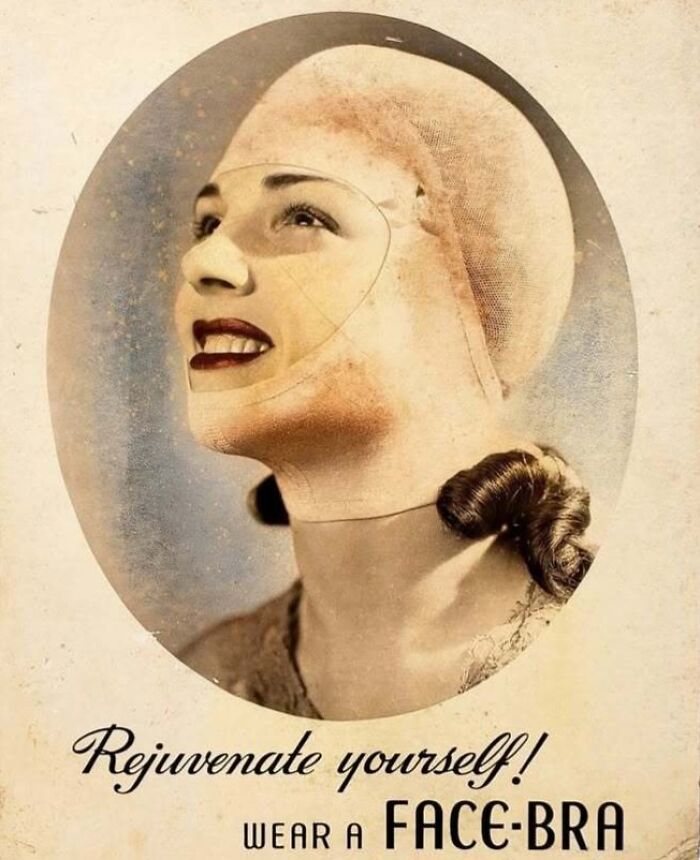 Vintage advertisement showing a woman wearing a 1930s face-bra, a very old object telling stories about our ancestors.