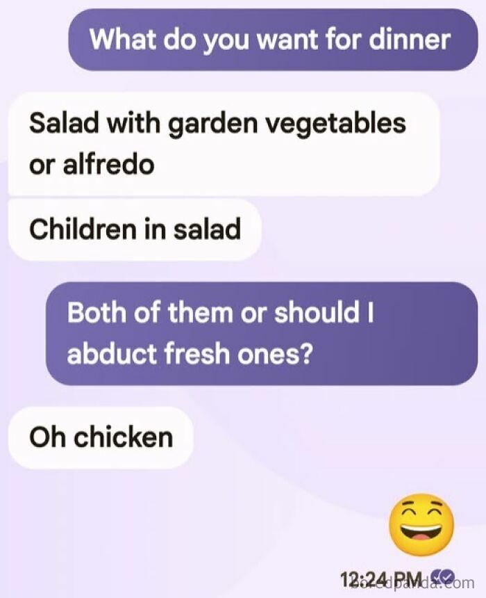 Text message showing autocorrect errors with funny dinner options like children in salad and abduct fresh ones.
