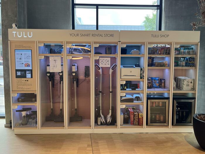 Smart rental store with innovative inventions like vacuum cleaners, scooters, and snacks, showcasing smart ideas solving everyday problems.